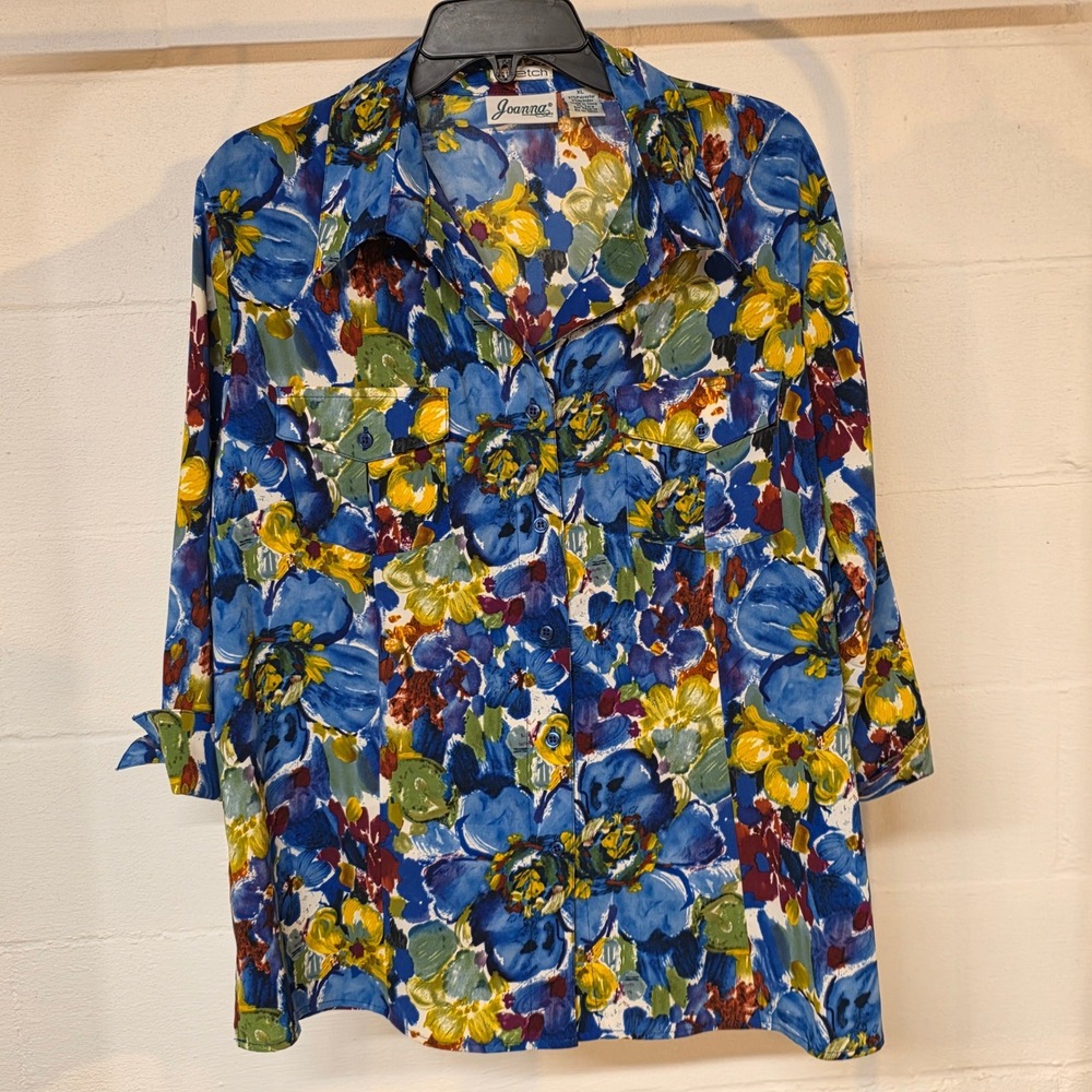Vintage Joanna Women XL Bright Floral Watercolor Button Down Blue Yellow Stretch